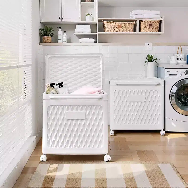 Panier à linge avec roues et couvercle, panier à linge en plastique avec poignée, bac à linge roulant pour buanderie ou salle de bain, blanc