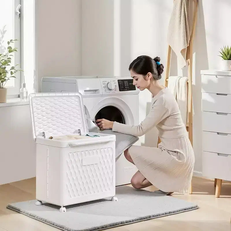 Panier à linge avec roues et couvercle, panier à linge en plastique avec poignée, bac à linge roulant pour buanderie ou salle de bain, blanc
