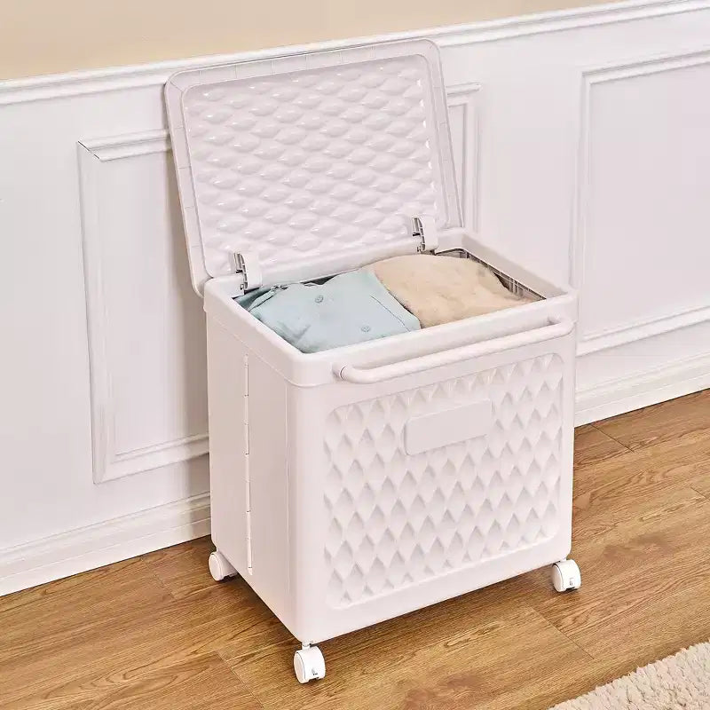 Panier à linge avec roues et couvercle, panier à linge en plastique avec poignée, bac à linge roulant pour buanderie ou salle de bain, blanc