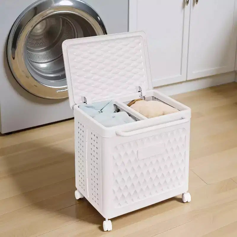 Panier à linge avec roues et couvercle, panier à linge en plastique avec poignée, bac à linge roulant pour buanderie ou salle de bain, blanc