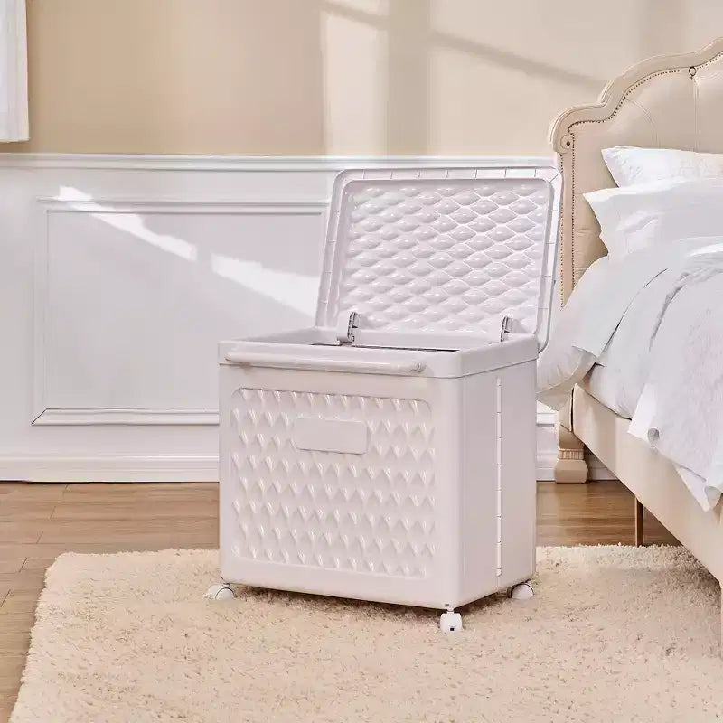 Panier à linge avec roues et couvercle, panier à linge en plastique avec poignée, bac à linge roulant pour buanderie ou salle de bain, blanc