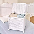 Panier à linge avec roues et couvercle, panier à linge en plastique avec poignée, bac à linge roulant pour buanderie ou salle de bain, blanc