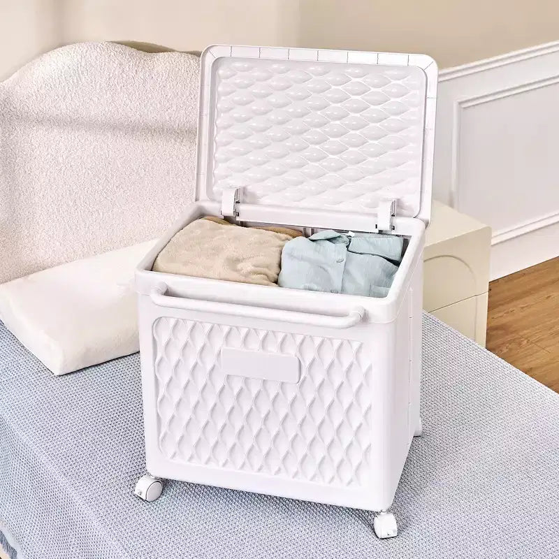 Panier à linge avec roues et couvercle, panier à linge en plastique avec poignée, bac à linge roulant pour buanderie ou salle de bain, blanc