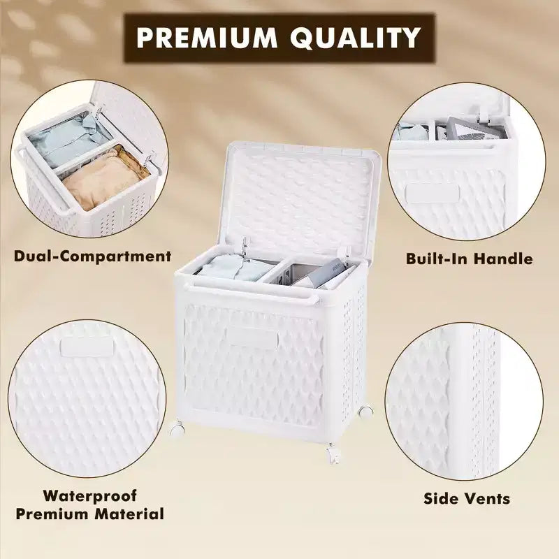 Panier à linge avec roues et couvercle, panier à linge en plastique avec poignée, bac à linge roulant pour buanderie ou salle de bain, blanc