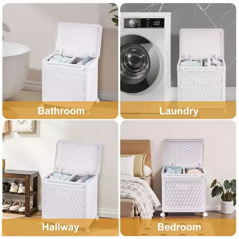 Panier à linge avec roues et couvercle, panier à linge en plastique avec poignée, bac à linge roulant pour buanderie ou salle de bain, blanc