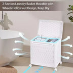Panier à linge avec roues et couvercle, panier à linge en plastique avec poignée, bac à linge roulant pour buanderie ou salle de bain, blanc