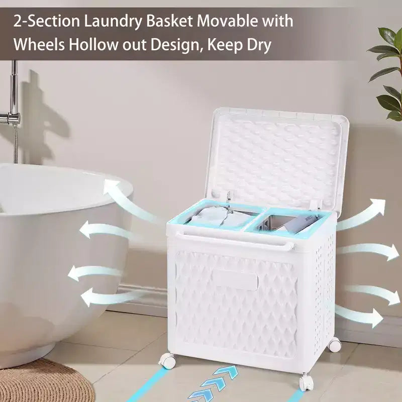 Panier à linge avec roues et couvercle, panier à linge en plastique avec poignée, bac à linge roulant pour buanderie ou salle de bain, blanc