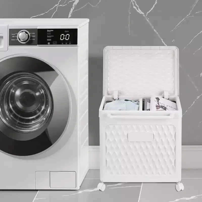 Panier à linge avec roues et couvercle, panier à linge en plastique avec poignée, bac à linge roulant pour buanderie ou salle de bain, blanc