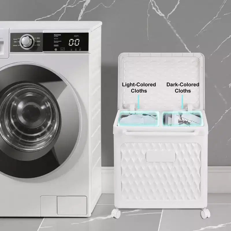 Panier à linge avec roues et couvercle, panier à linge en plastique avec poignée, bac à linge roulant pour buanderie ou salle de bain, blanc