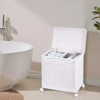 Panier à linge avec roues et couvercle, panier à linge en plastique avec poignée, bac à linge roulant pour buanderie ou salle de bain, blanc