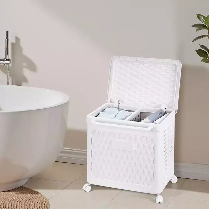 Panier à linge avec roues et couvercle, panier à linge en plastique avec poignée, bac à linge roulant pour buanderie ou salle de bain, blanc