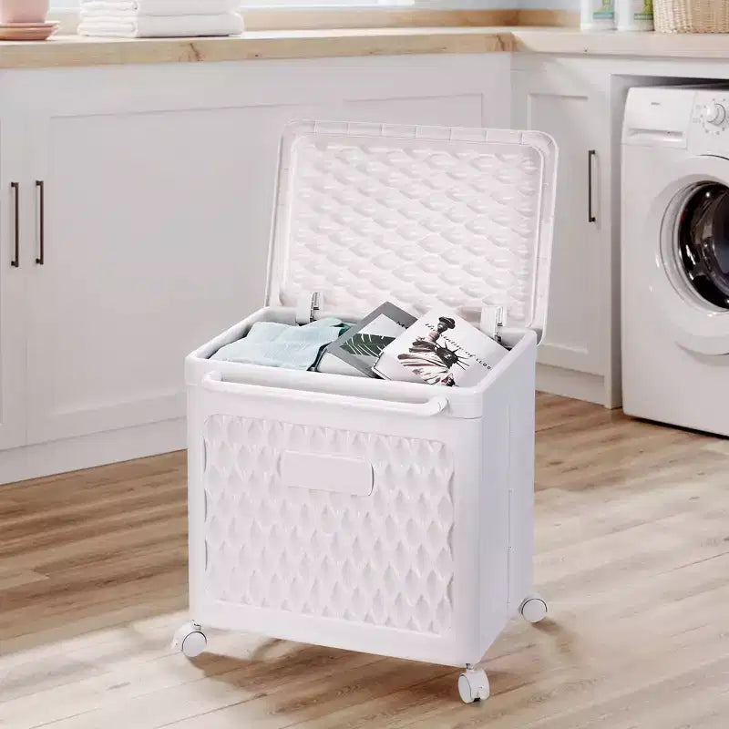 Panier à linge avec roues et couvercle, panier à linge en plastique avec poignée, bac à linge roulant pour buanderie ou salle de bain, blanc