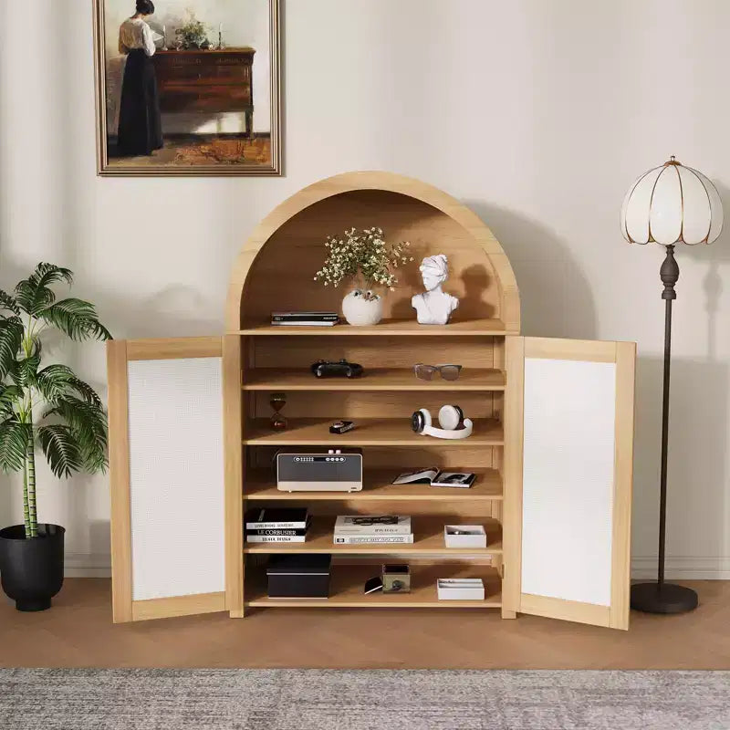 Meuble à chaussures 5 niveaux avec portes en rotin et étagères réglables pour entrée, couloir, salon, bois naturel