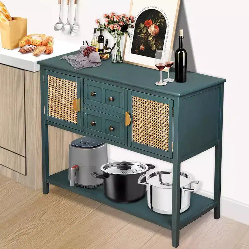 Console d'appoint en rotin avec 2 tiroirs, table de canapé étroite en bois avec rangement, table d'entrée à 2 niveaux pour salon, couloir, hall d'entrée
