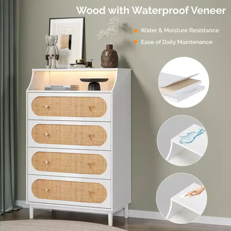 Commode à 4 tiroirs en panneau de particules blanches de 76 cm de large
