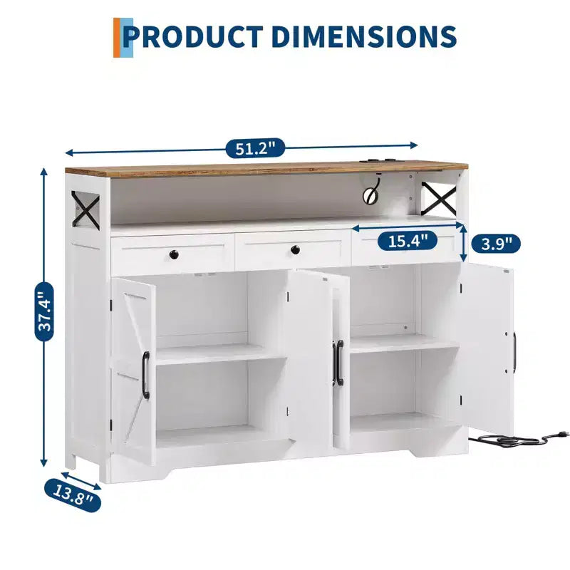 TROPOW Buffet de ferme avec station de recharge, 3 tiroirs et 4 portes de grange, armoire de rangement de cuisine de 51 pouces avec bar à café