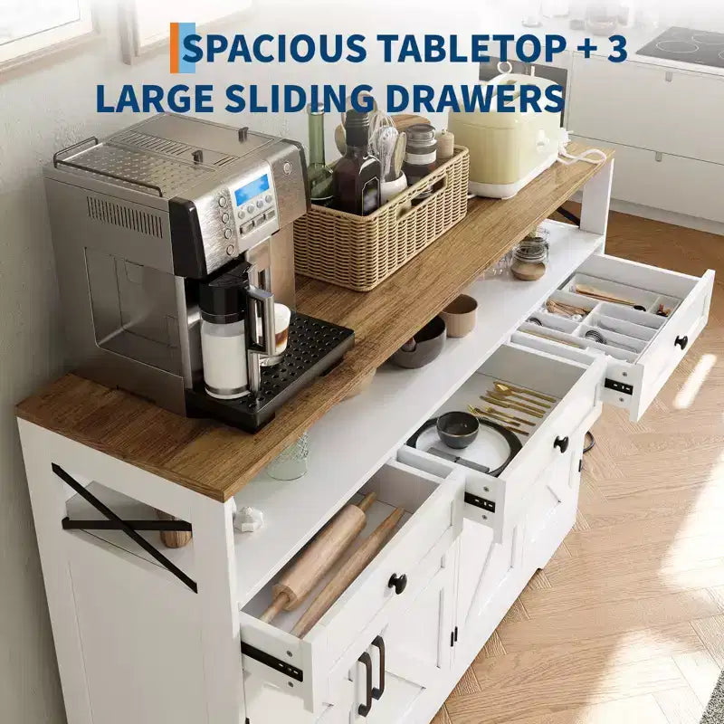 TROPOW Buffet de ferme avec station de recharge, 3 tiroirs et 4 portes de grange, armoire de rangement de cuisine de 51 pouces avec bar à café