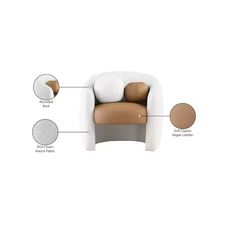 Fauteuil d'appoint en cuir vegan style tonneau / tissu bouclé avec dossier arrondi
