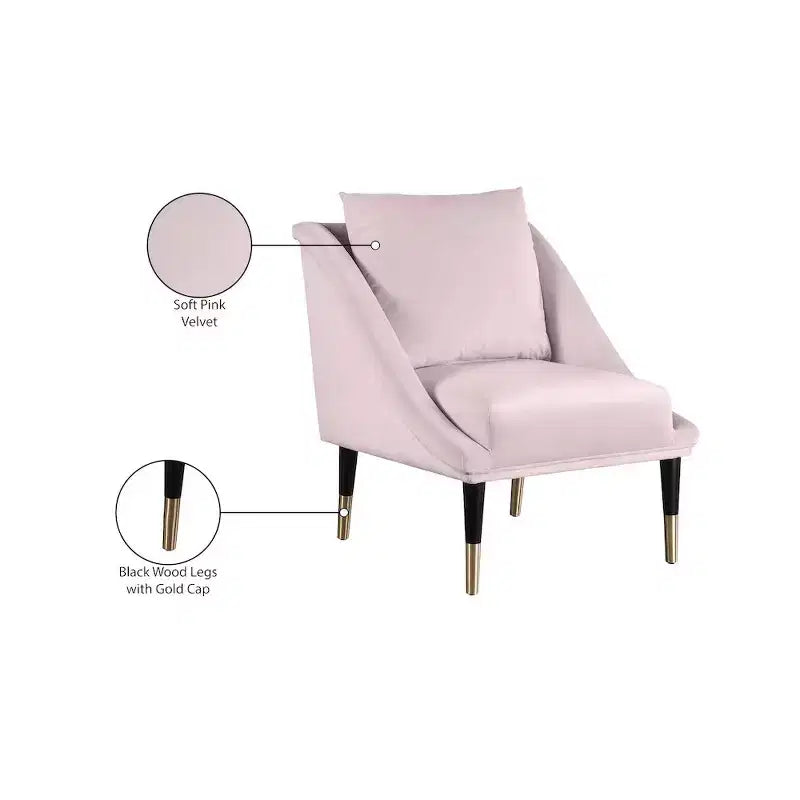 Fauteuil d'appoint en velours avec pieds en bois noir et embouts dorés, design contemporain