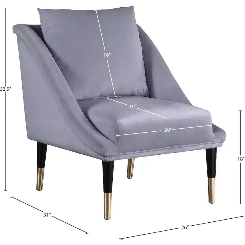 Fauteuil d'appoint en velours avec pieds en bois noir et embouts dorés, design contemporain