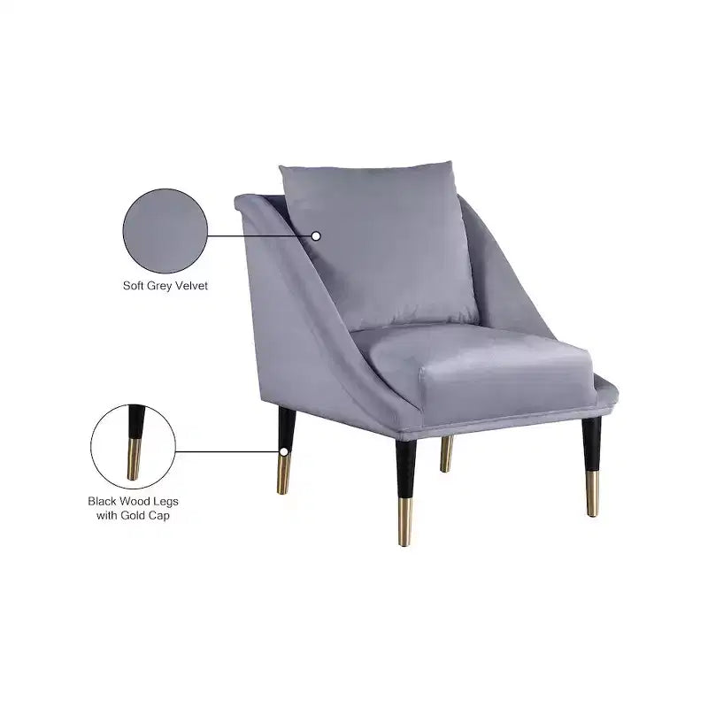 Fauteuil d'appoint en velours avec pieds en bois noir et embouts dorés, design contemporain