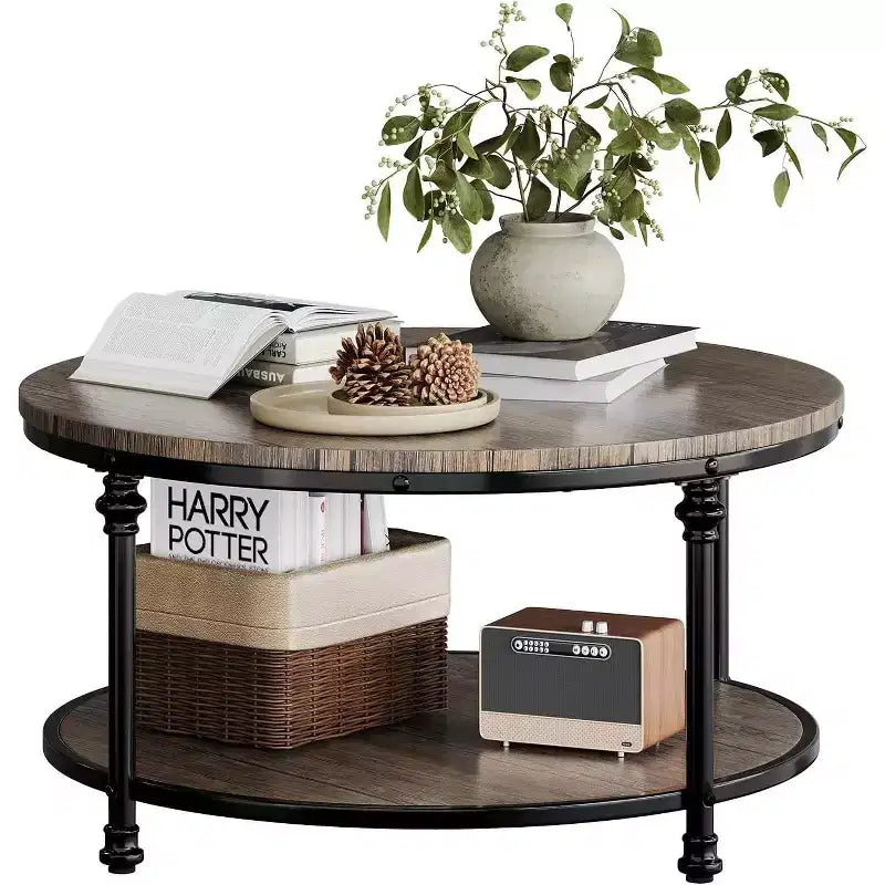 Table basse ronde à 2 niveaux avec rangement, Table de salon de style rustique en bois, Structure en métal, Montage facile