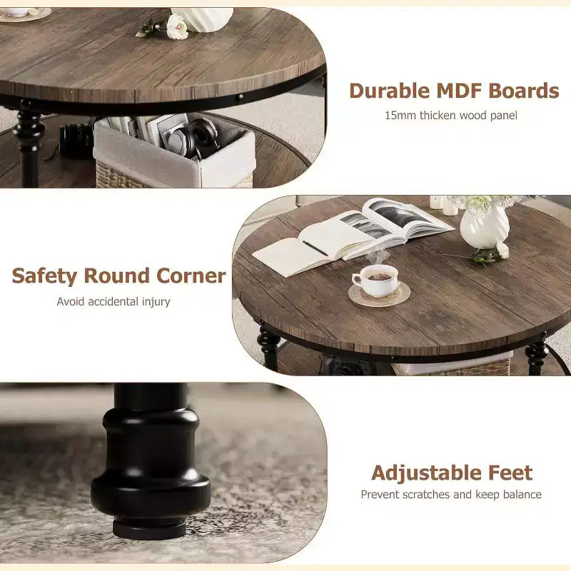 Table basse ronde à 2 niveaux avec rangement, Table de salon de style rustique en bois, Structure en métal, Montage facile