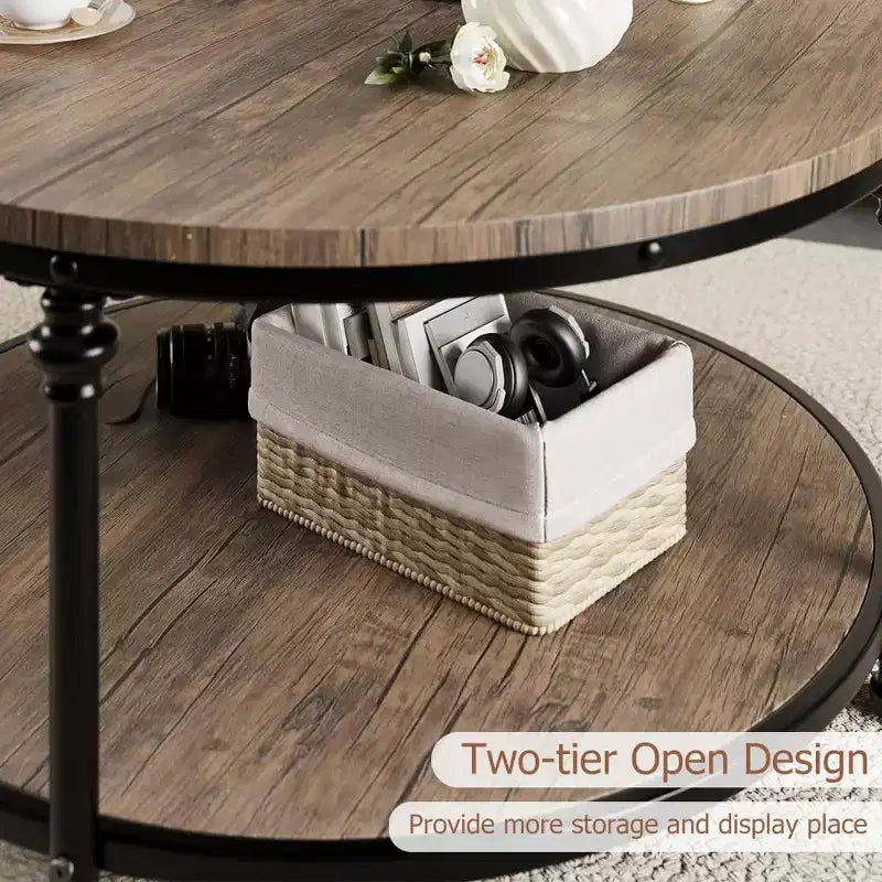 Table basse ronde à 2 niveaux avec rangement, Table de salon de style rustique en bois, Structure en métal, Montage facile