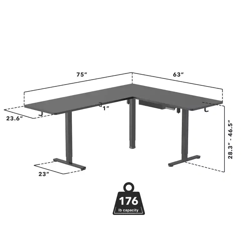 Bureau d'angle XL électrique réglable en hauteur, bureau assis-debout en forme de L de 63 x 50 pouces avec contrôleur de mémoire