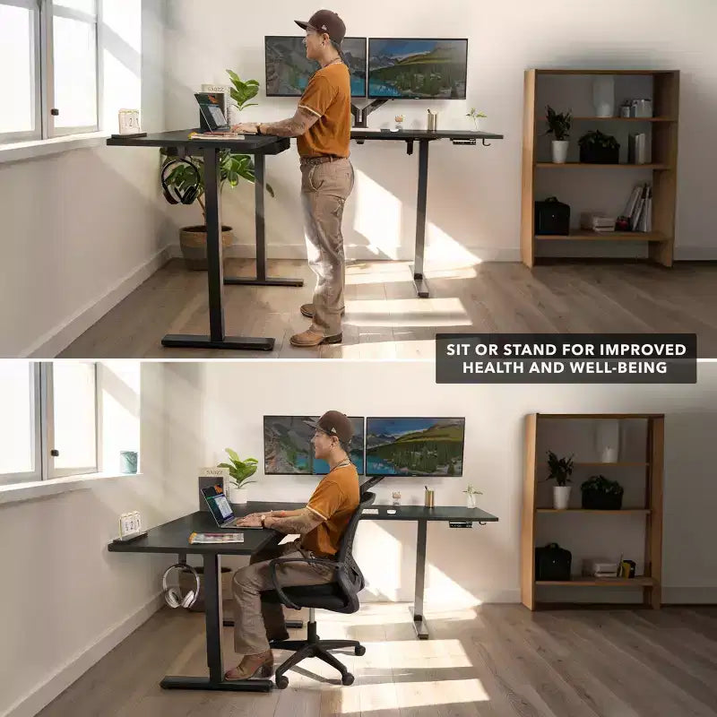 Bureau d'angle XL électrique réglable en hauteur, bureau assis-debout en forme de L de 63 x 50 pouces avec contrôleur de mémoire