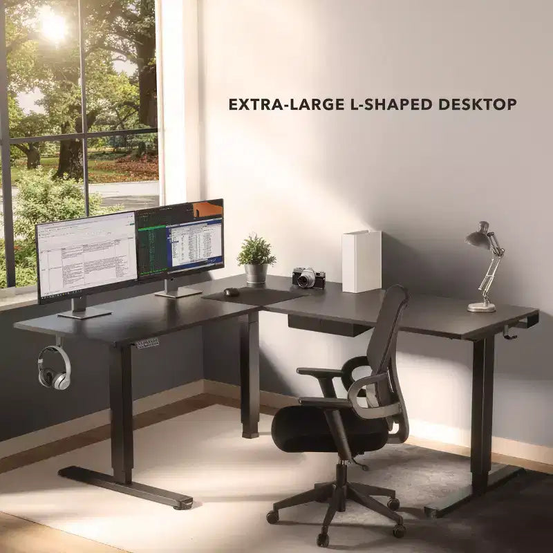 Bureau d'angle XL électrique réglable en hauteur, bureau assis-debout en forme de L de 63 x 50 pouces avec contrôleur de mémoire