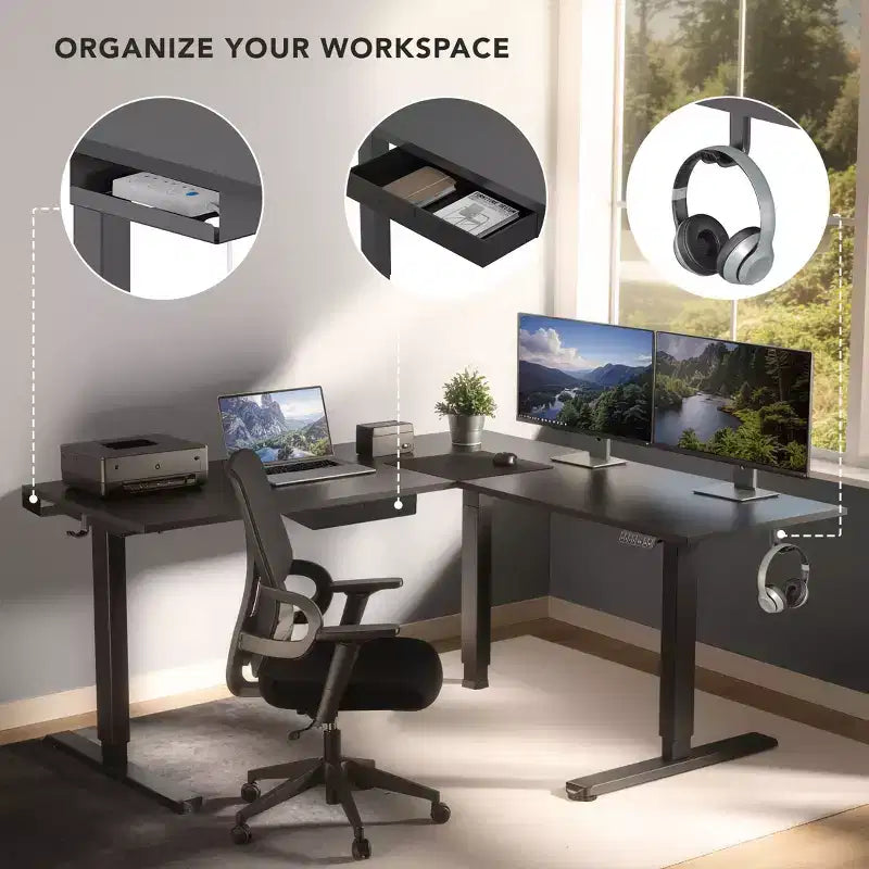 Bureau d'angle XL électrique réglable en hauteur, bureau assis-debout en forme de L de 63 x 50 pouces avec contrôleur de mémoire