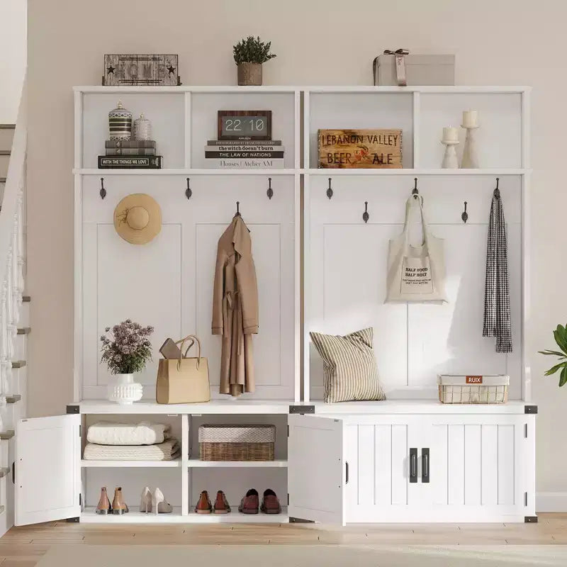 Portemanteau de 76 pouces avec banc et rangement à chaussures, banc d'entrée 4-en-1 pour vestiaire avec porte-manteau et 5 crochets, étagère réglable