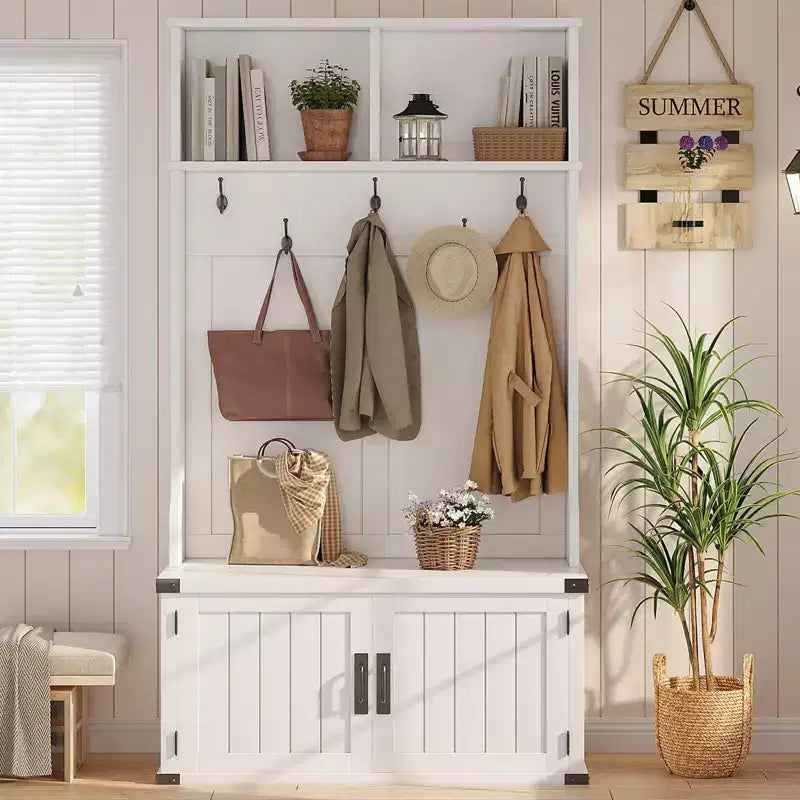 Portemanteau de 76 pouces avec banc et rangement à chaussures, banc d'entrée 4-en-1 pour vestiaire avec porte-manteau et 5 crochets, étagère réglable