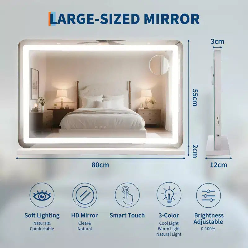 Miroir de maquillage Miroir LED grand format 30x20, miroir de bureau avec lumières, miroir lumineux avec grossissement 10X et 3 modes dimmables, contrôle tactile