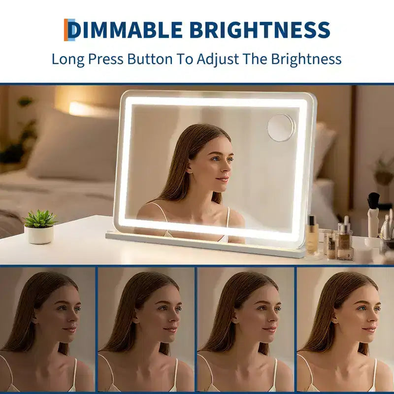 Miroir de maquillage Miroir LED grand format 30x20, miroir de bureau avec lumières, miroir lumineux avec grossissement 10X et 3 modes dimmables, contrôle tactile