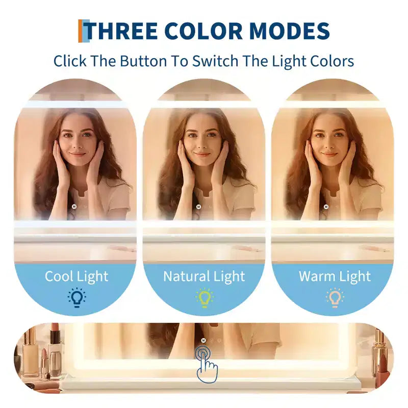 Miroir de maquillage Miroir LED grand format 30x20, miroir de bureau avec lumières, miroir lumineux avec grossissement 10X et 3 modes dimmables, contrôle tactile