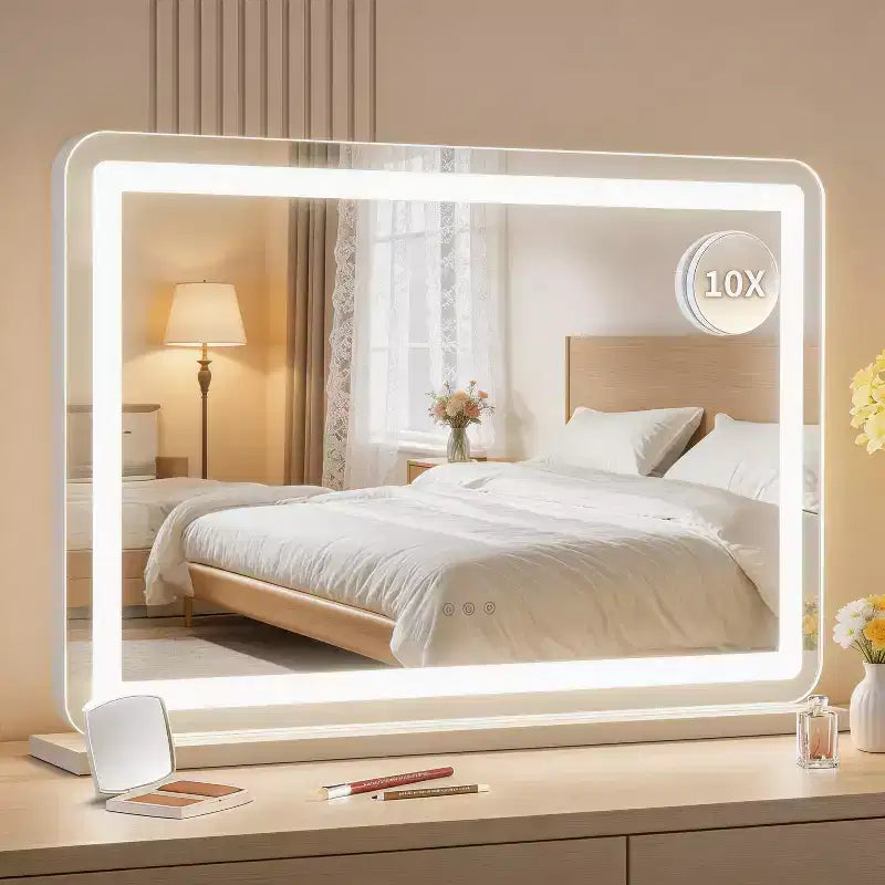 Miroir de maquillage Miroir LED grand format 30x20, miroir de bureau avec lumières, miroir lumineux avec grossissement 10X et 3 modes dimmables, contrôle tactile
