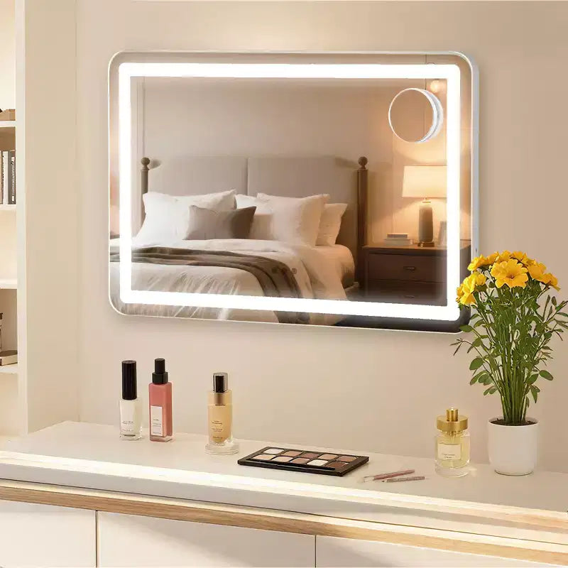 Miroir de maquillage Miroir LED grand format 30x20, miroir de bureau avec lumières, miroir lumineux avec grossissement 10X et 3 modes dimmables, contrôle tactile