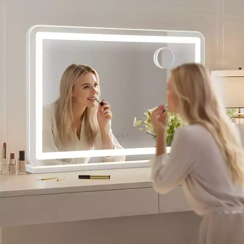 Miroir de maquillage Miroir LED grand format 30x20, miroir de bureau avec lumières, miroir lumineux avec grossissement 10X et 3 modes dimmables, contrôle tactile