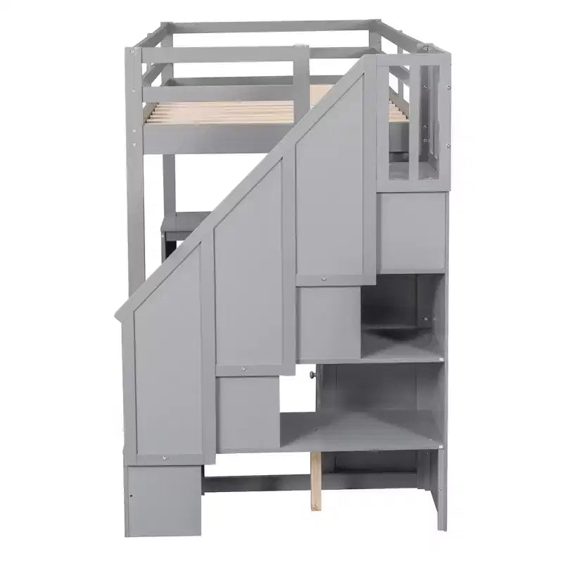 Lit mezzanine jumeau avec bureau en L et escalier de rangement, cadre de lit haut en bois avec tiroirs et armoire pour chambre et dortoir