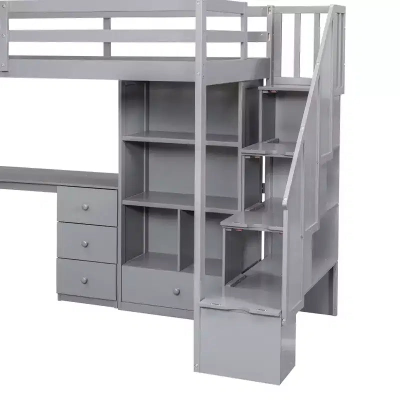 Lit mezzanine jumeau avec bureau en L et escalier de rangement, cadre de lit haut en bois avec tiroirs et armoire pour chambre et dortoir