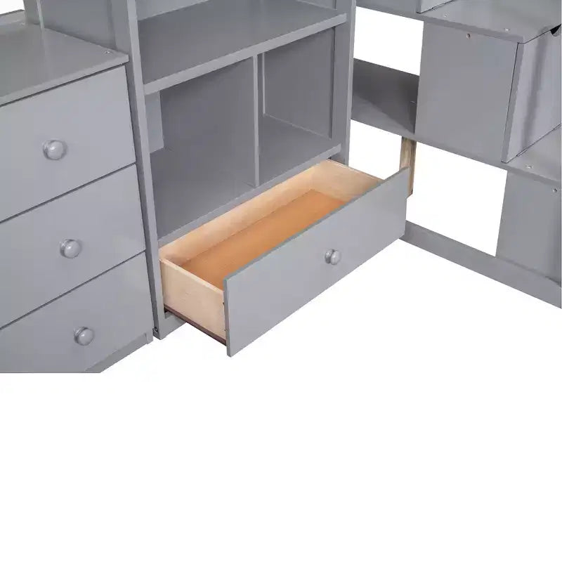 Lit mezzanine jumeau avec bureau en L et escalier de rangement, cadre de lit haut en bois avec tiroirs et armoire pour chambre et dortoir