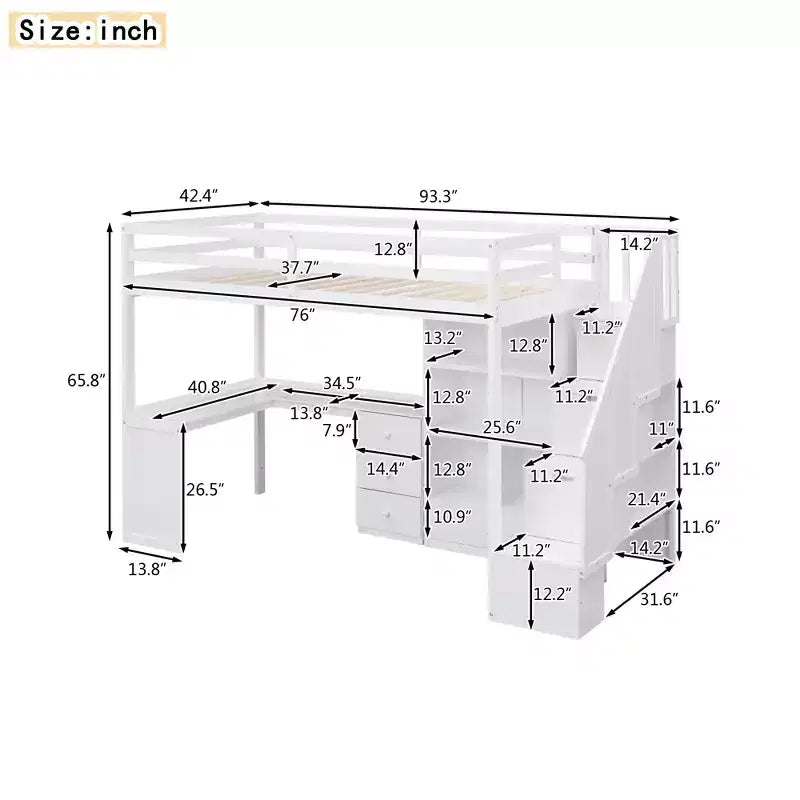 Lit mezzanine jumeau avec bureau en L et escalier de rangement, cadre de lit haut en bois avec tiroirs et armoire pour chambre et dortoir