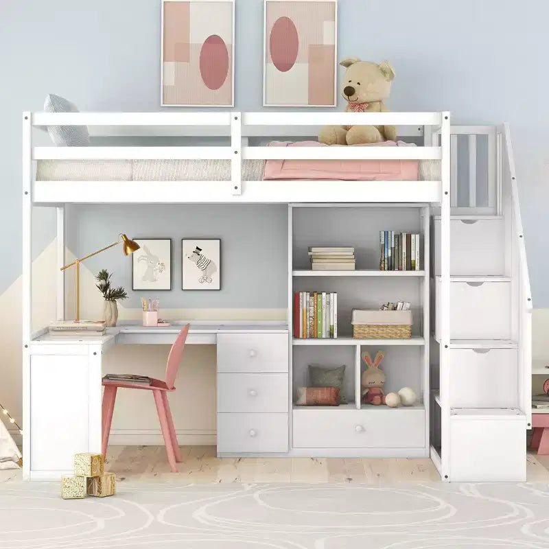 Lit mezzanine jumeau avec bureau en L et escalier de rangement, cadre de lit haut en bois avec tiroirs et armoire pour chambre et dortoir