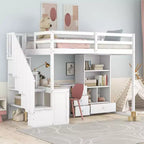 Lit mezzanine jumeau avec bureau en L et escalier de rangement, cadre de lit haut en bois avec tiroirs et armoire pour chambre et dortoir