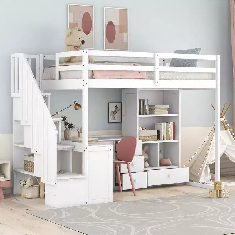 Lit mezzanine jumeau avec bureau en L et escalier de rangement, cadre de lit haut en bois avec tiroirs et armoire pour chambre et dortoir