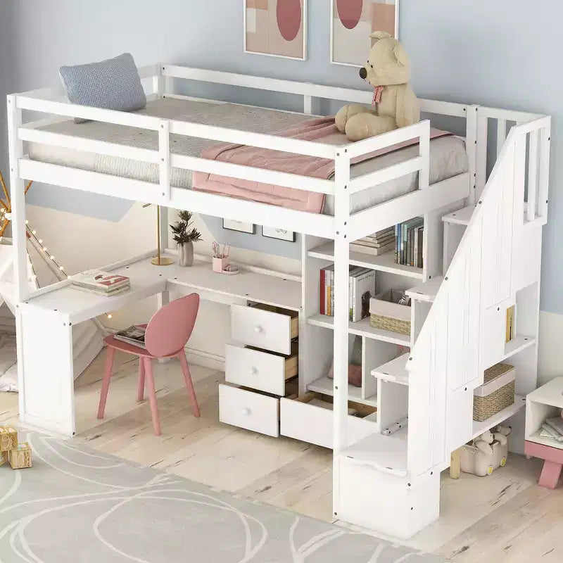 Lit mezzanine jumeau avec bureau en L et escalier de rangement, cadre de lit haut en bois avec tiroirs et armoire pour chambre et dortoir