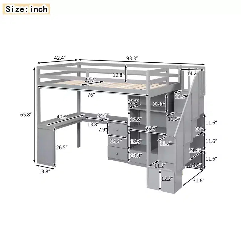 Lit mezzanine jumeau avec bureau en L et escalier de rangement, cadre de lit haut en bois avec tiroirs et armoire pour chambre et dortoir