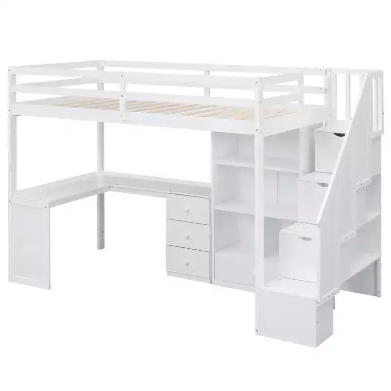 Lit mezzanine jumeau avec bureau en L et escalier de rangement, cadre de lit haut en bois avec tiroirs et armoire pour chambre et dortoir